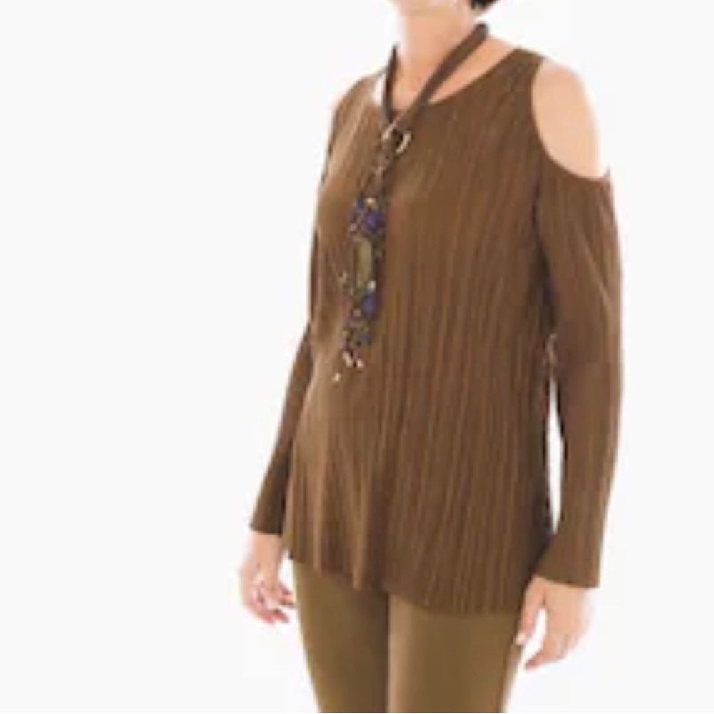 Chico’s Pleated Faux Suede Cold Shoulder Blouse. Only used twice. Size L